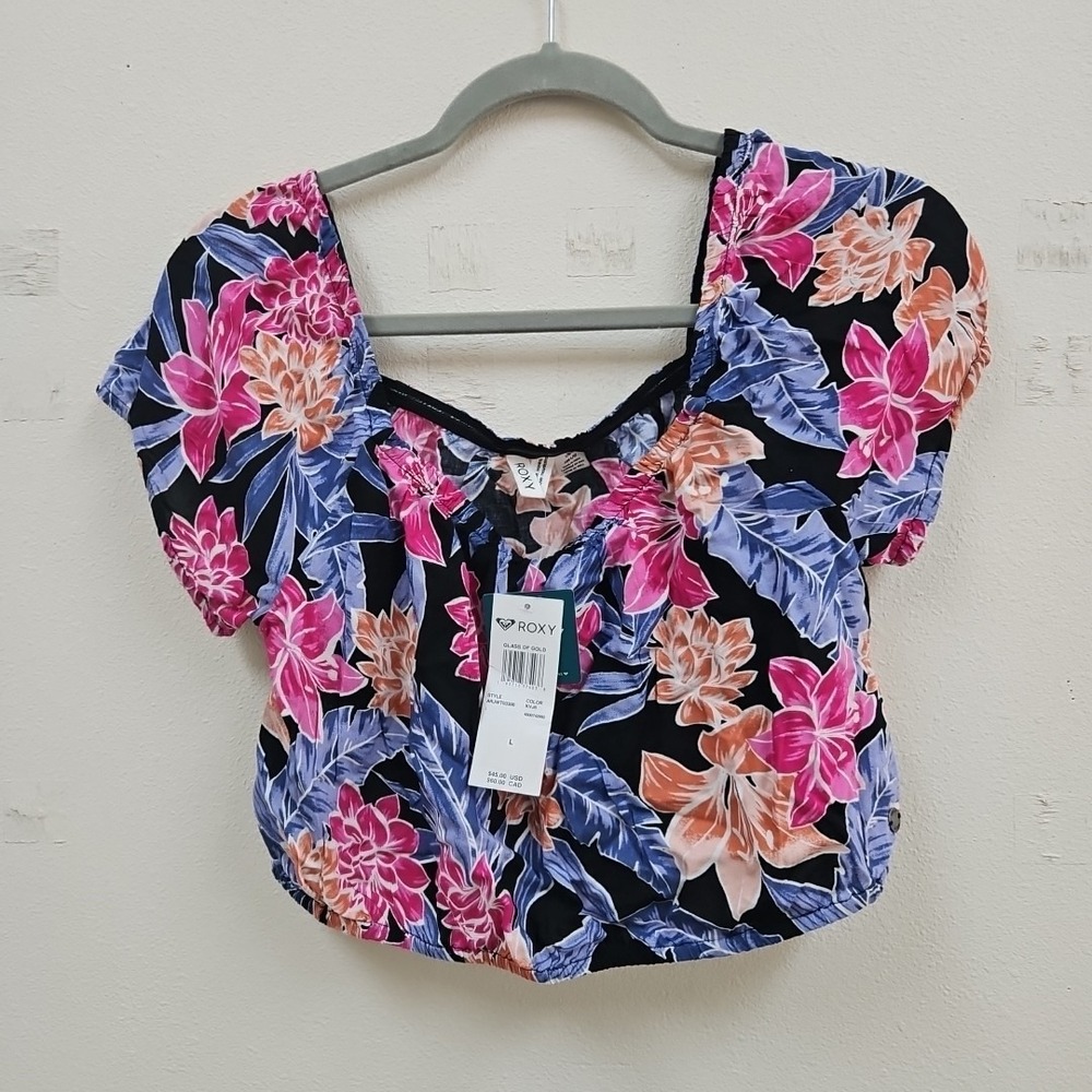 Roxy Floral Crop Top Pink Flowers Size L Feels Tropical Beach Surf New W tag
